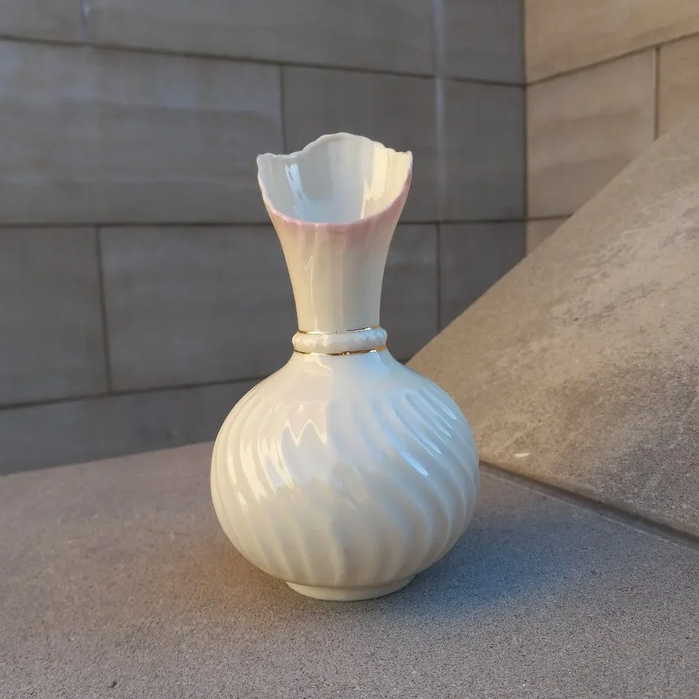 BELLEEK Pink Scroll Bud Vase 1980-1992 7th Gen Mark